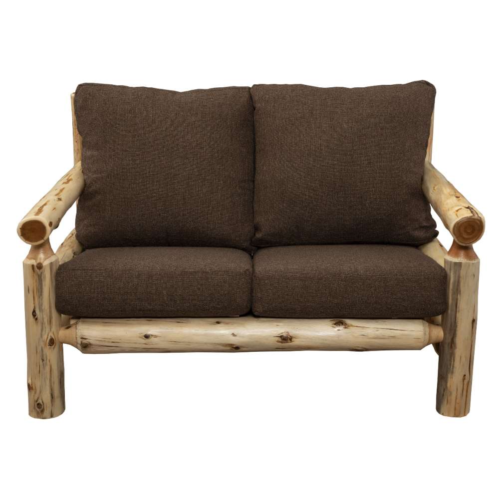 Fireside Lodge Voyageur Loveseat is a rustic log-frame loveseat with two thick brown seat cushions and two matching back cushions