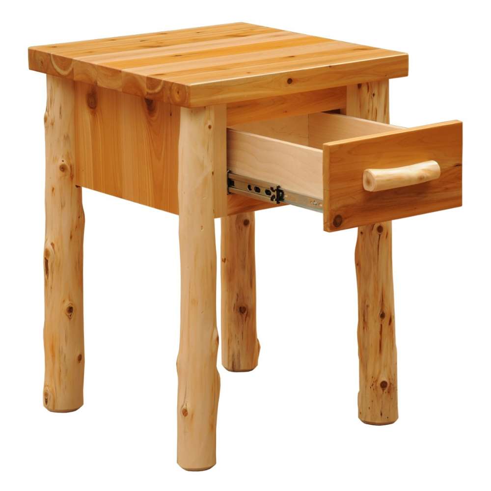 Fireside Lodge Voyageur One Drawer Nightstand shown from an angled view with the drawer pulled open