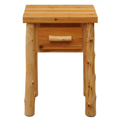 Fireside Lodge Voyageur One Drawer Nightstand shown from the front with a rustic wood top, log legs, and one drawer