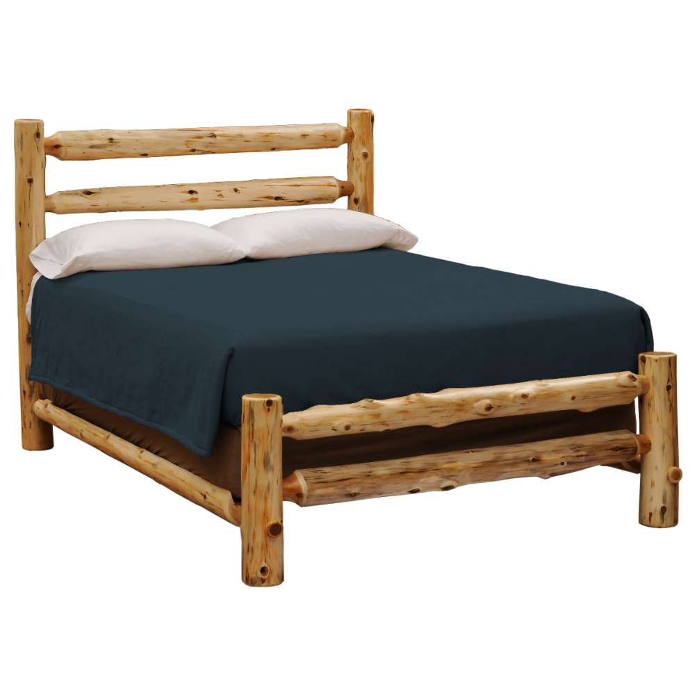 Fireside Lodge Voyageur Ranch Bed - Assembled - Natural shown from a three-quarter view with a mattress and pillows, featuring thick natural log posts and rails