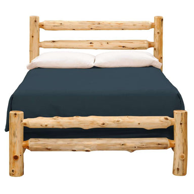 Fireside Lodge Voyageur Ranch Bed - Assembled - Natural shown fully assembled with a tall log headboard, matching footboard, and a neatly made mattress