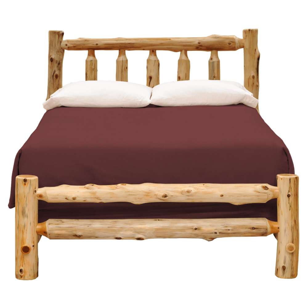 Fireside Lodge Voyageur Ranch Bed - Assembled is shown from the front with solid log wood framing a neatly made bed