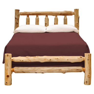 Fireside Lodge Voyageur Ranch Bed - Assembled is shown from the front with solid log wood framing a neatly made bed
