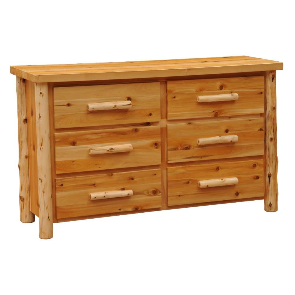 Fireside Lodge Voyageur Six Drawer Dresser shown closed with six rustic drawers and log-style handles