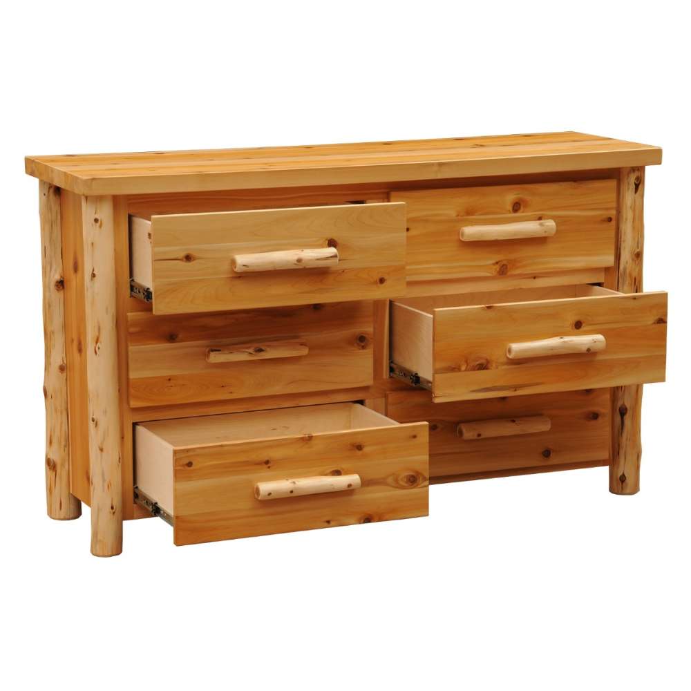 Fireside Lodge Voyageur Six Drawer Dresser shown with three drawers open, revealing deep wooden storage space
