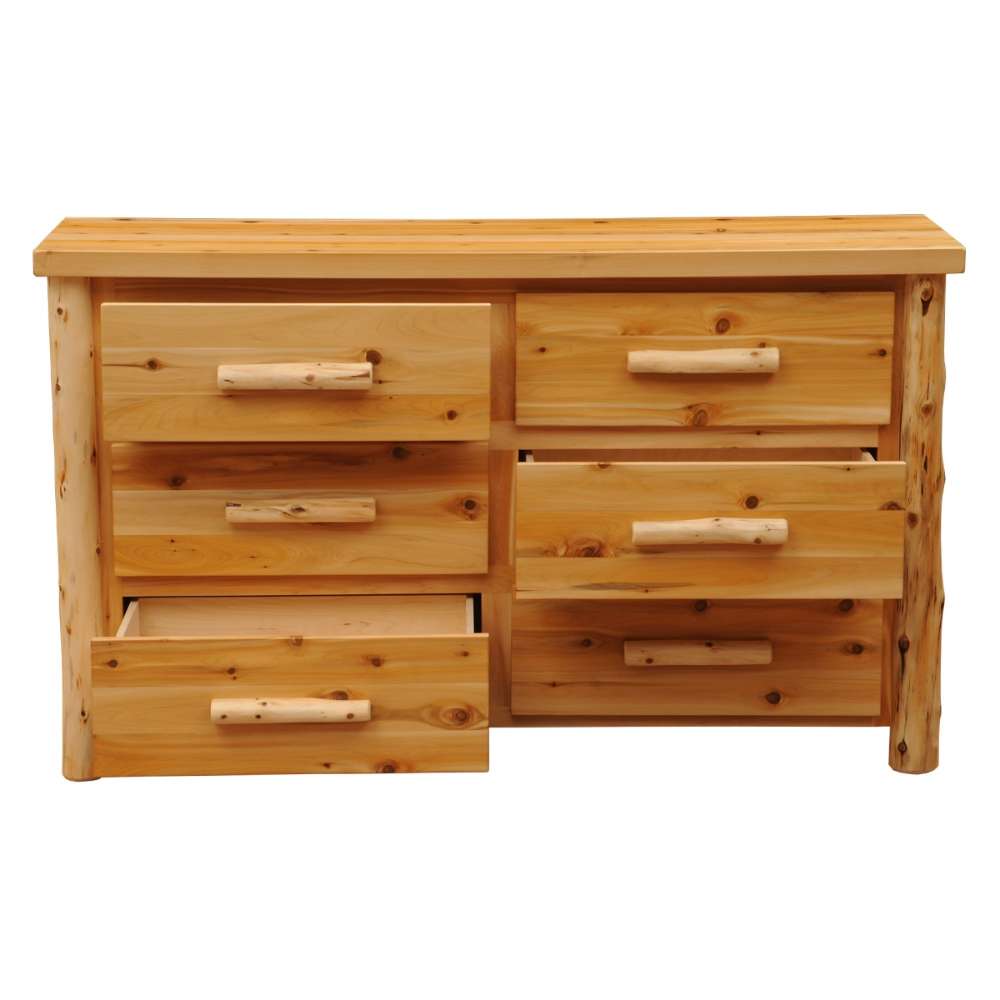 Fireside Lodge Voyageur Six Drawer Dresser shown with two drawers partly open and thick log frame edges