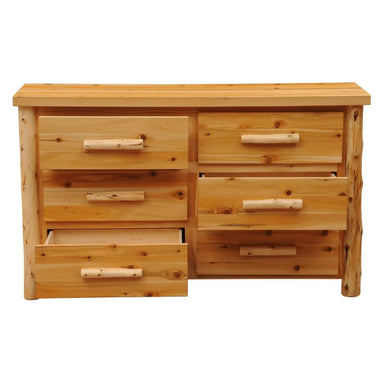 Fireside Lodge Voyageur Six Drawer Dresser shown with two drawers partly open and thick log frame edges