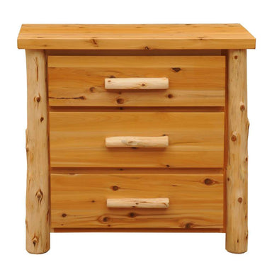 Fireside Lodge Voyageur Three Drawer Chest is a rustic knotty wood dresser with three drawers and log-style handles for a cozy cabin look