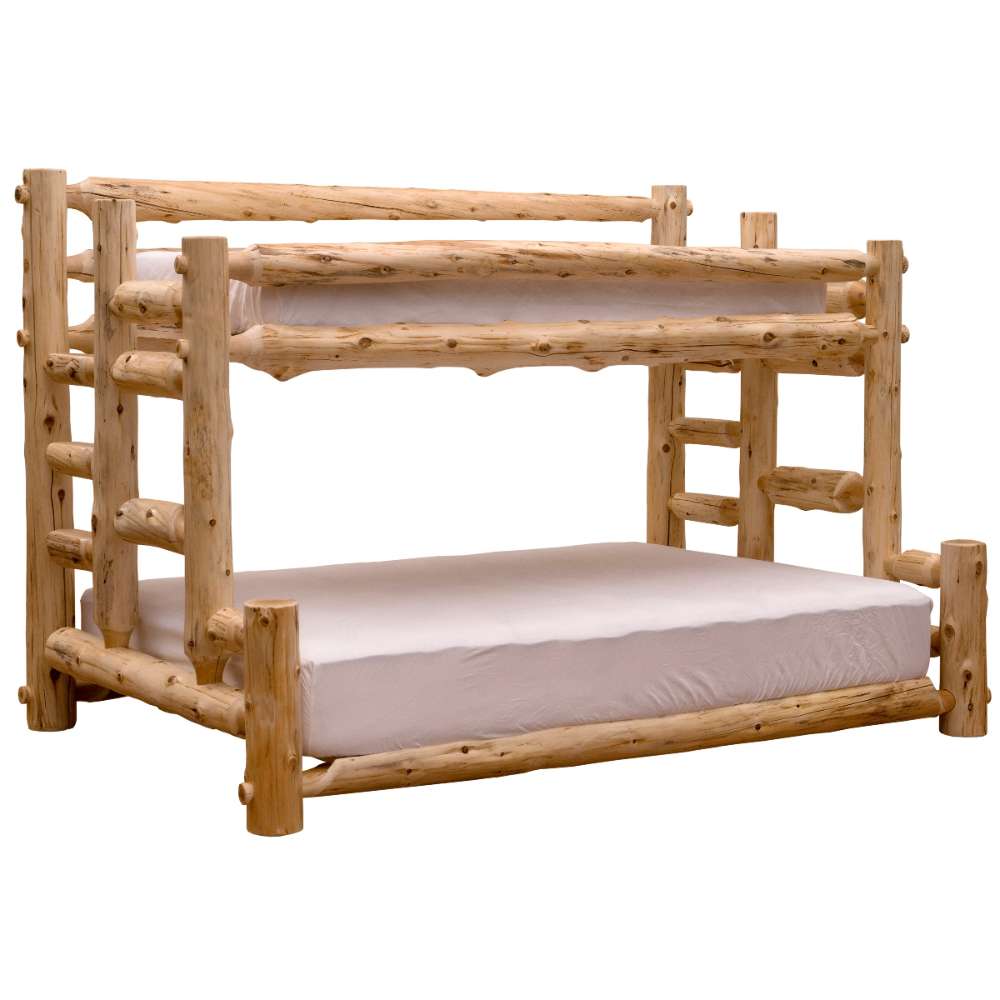 Fireside Lodge Voyageur Tipi Bunk Bed is a rustic log bunk bed with two stacked sleeping areas framed by thick, natural wood rails
