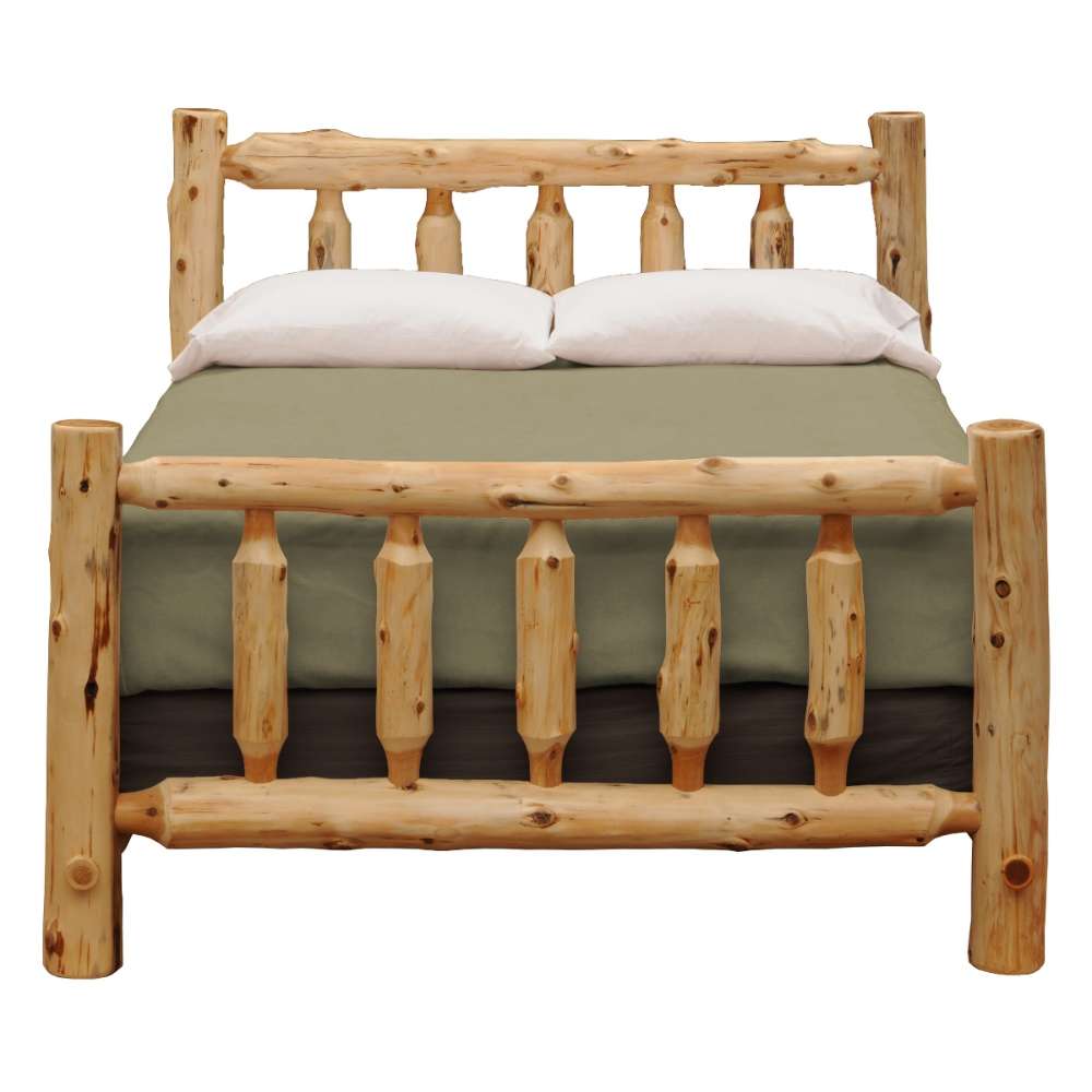 Fireside Lodge Voyageur Traditional Bed - Assembled is shown fully assembled with a mattress, highlighting its sturdy natural log frame