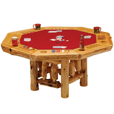 Fireside Lodge 6-Sided Poker Table with Log Framework Base in Natural Armor is a rustic wood poker table with a red felt top and built-in drink holders