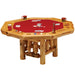 Fireside Lodge 6-Sided Poker Table with Log Framework Base in Natural Armor is a rustic wood poker table with a red felt top and built-in drink holders