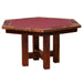 Fireside Lodge 6-Sided Poker Table with timber base is a rustic wooden gaming table with a hexagonal shape, a rich burgundy felt playing surface, and sturdy legs