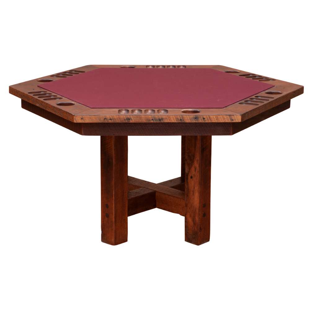 Fireside Lodge 6-Sided Poker Table with timber base is captured from a side angle, showcasing its rugged wooden frame, spacious playing area, and individual player sections