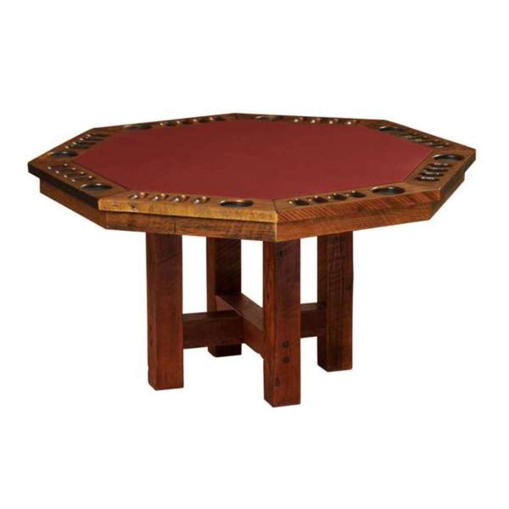 Fireside Lodge 8-Sided Poker Table with timber base features a sturdy wooden pedestal base with a natural wood grain finish