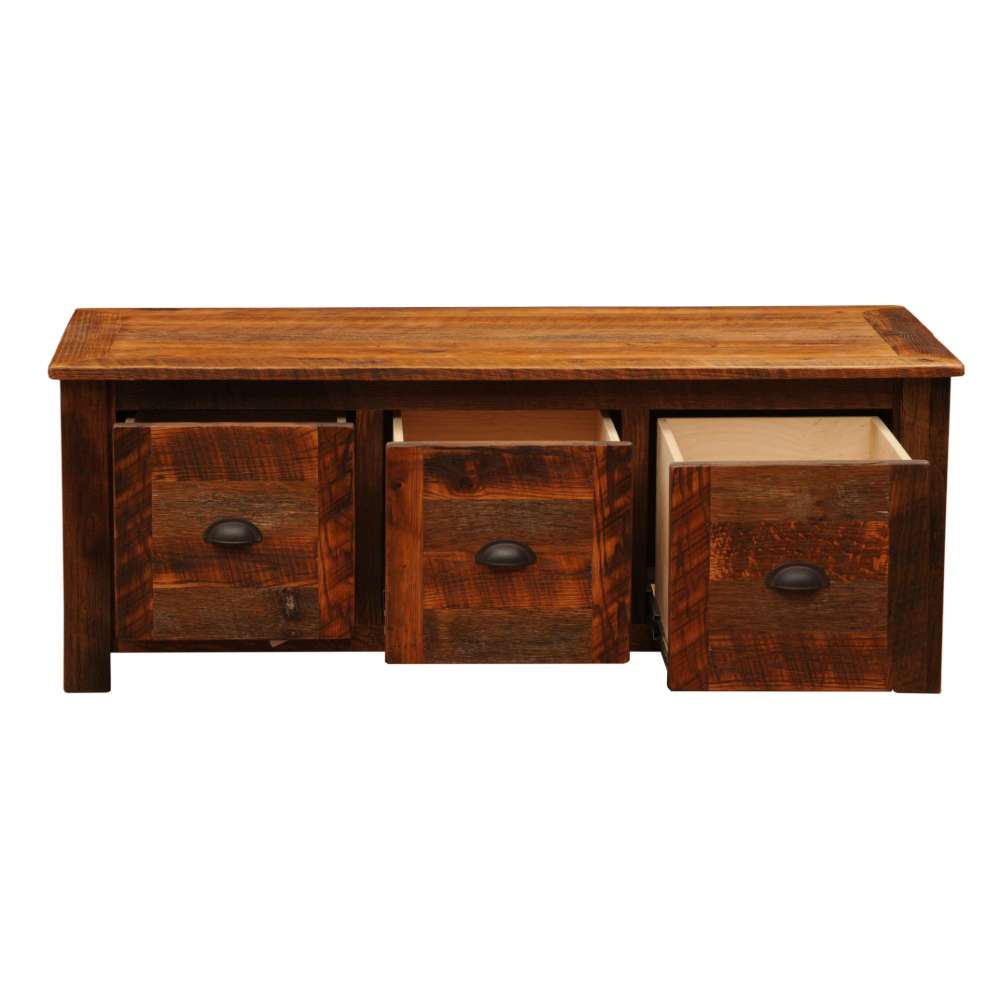 Fireside Lodge Barnwood Enclosed Coffee Table showcases its three drawers partially open, revealing spacious storage compartments within its reclaimed wood frame