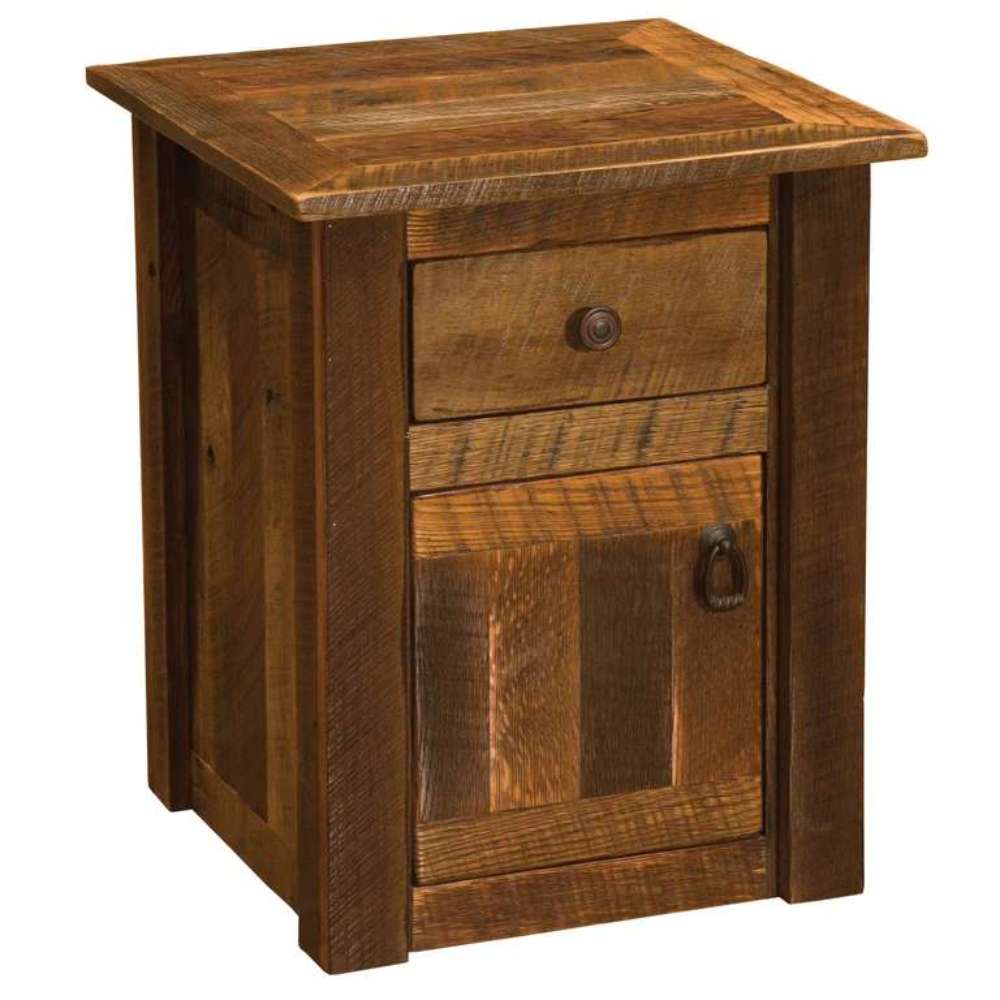 Fireside Lodge Barnwood Enclosed End Table is a rustic wooden table with a drawer and a cabinet for storage