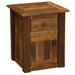 Fireside Lodge Barnwood Enclosed End Table is a rustic wooden table with a drawer and a cabinet for storage