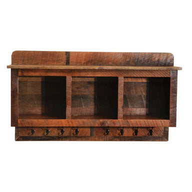 Fireside Lodge Barnwood Hanging Locker is a rustic wooden wall-mounted organizer featuring three open cubbies for storage, a top shelf, and multiple black metal hooks for hanging items