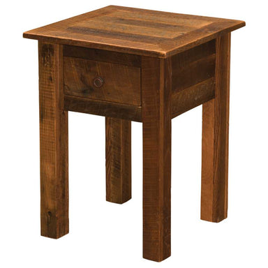 Fireside Lodge Barnwood One Drawer End Table is a rustic wooden table with a square top, sturdy legs, and a single drawer with a metal knob