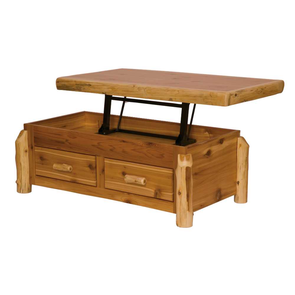 Fireside Lodge Cedar Log Enclosed Coffee Table - Elevating Top - Natural features a lift-up top, revealing hidden storage inside