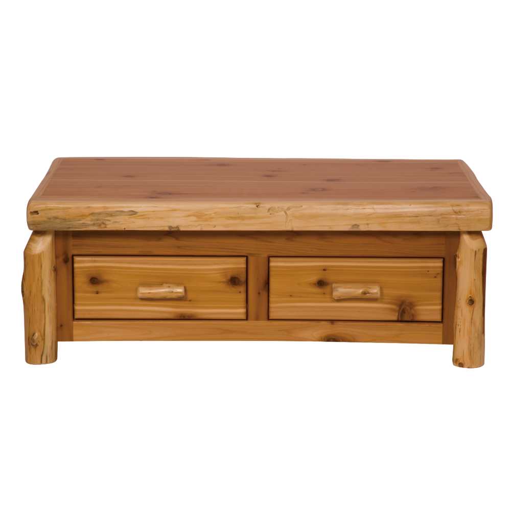 Fireside Lodge Cedar Log Enclosed Coffee Table - Elevating Top - Natural is a rustic wooden table with a smooth top and two storage drawers