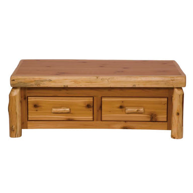 Fireside Lodge Cedar Log Enclosed Coffee Table - Elevating Top - Natural is a rustic wooden table with a smooth top and two storage drawers