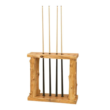 Fireside Lodge Cedar Log Floor Pool Cue Rack is a rustic cedar log holder with a sturdy frame, designed to neatly store multiple pool cues