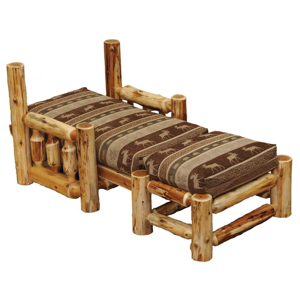 Fireside Lodge Cedar Log Futon Chair with Ottoman features a rustic log frame with plush, moose-patterned cushions, extending into a chaise for full relaxation