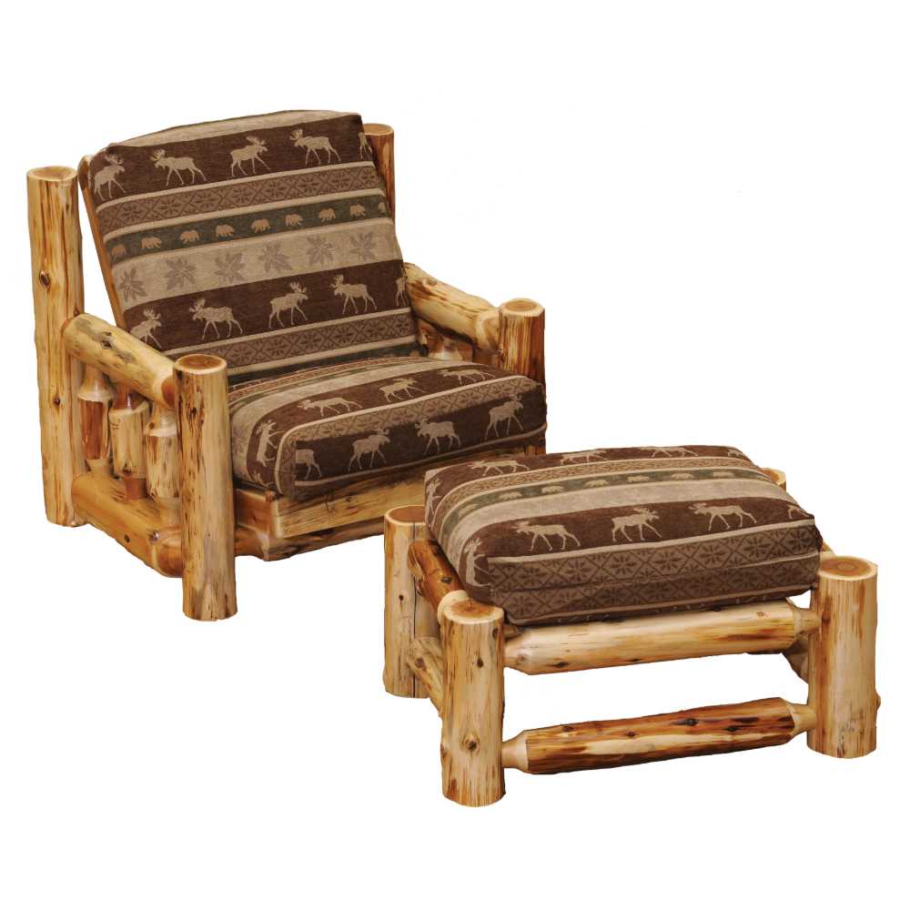 Fireside Lodge Cedar Log Futon Chair with Ottoman is a sturdy log armchair with a matching cushioned ottoman, both wrapped in cozy, wildlife-themed fabric