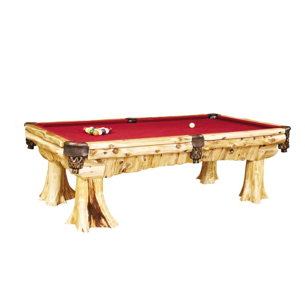 Fireside Lodge Cedar Log Pool Table is a rustic, handcrafted billiards table with a red felt surface and a sturdy cedar log frame