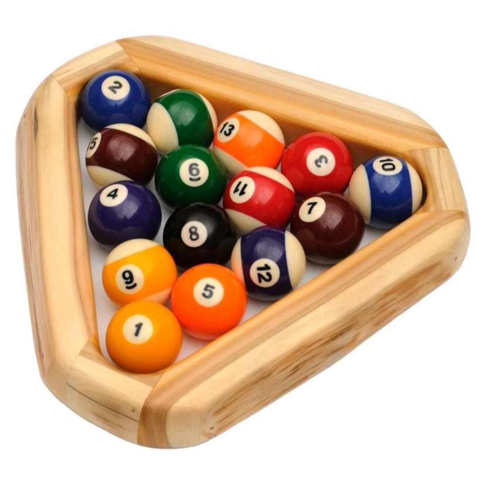 Fireside Lodge Cedar Log Pool Triangle is a rustic wooden rack with a natural cedar finish, designed to arrange billiard balls.