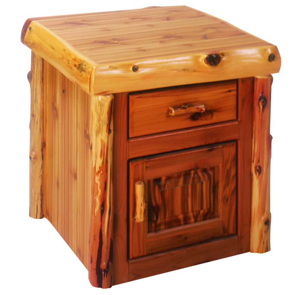 Fireside Lodge Enclosed End Table is a rustic wooden table with a log-accented drawer and a closed cabinet for storage