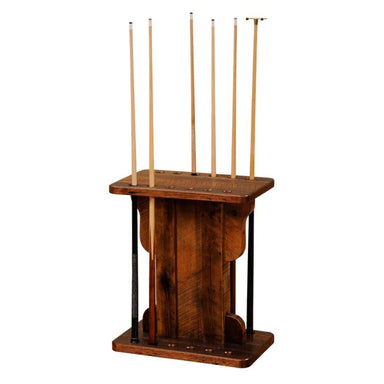 Fireside Lodge Floor Pool Cue Rack is a rustic wooden cue holder with a sturdy base and top