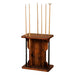 Fireside Lodge Floor Pool Cue Rack is a rustic wooden cue holder with a sturdy base and top