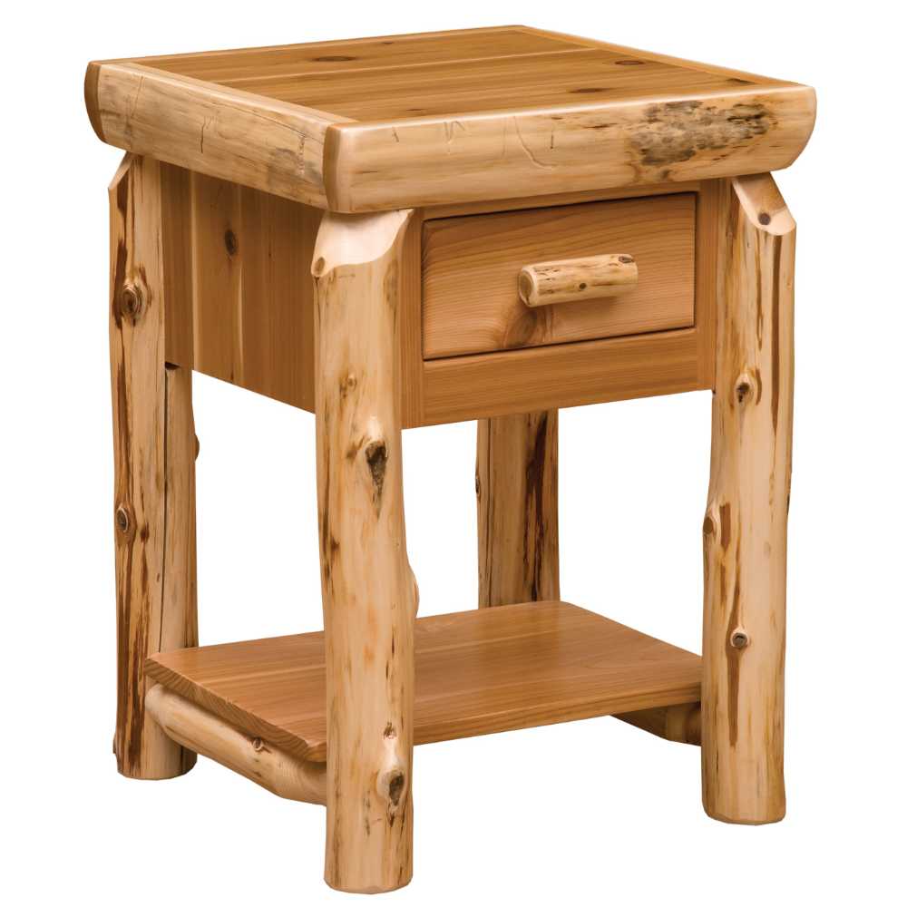 Fireside Lodge One Drawer End Table with Shelf is a rustic wooden table with a drawer, log-style legs, and a lower shelf for storage