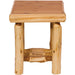 Fireside Lodge Open End Table is a rustic wooden side table crafted from natural logs, featuring a sturdy rectangular top, thick log legs, and a lower shelf for added storage.