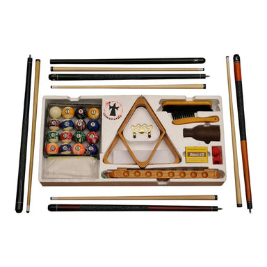 Fireside Lodge Pool Table Accessory Kit with Swirl Balls includes pool balls, cue sticks, a rack, a brush, chalk, and other essentials in a neat tray