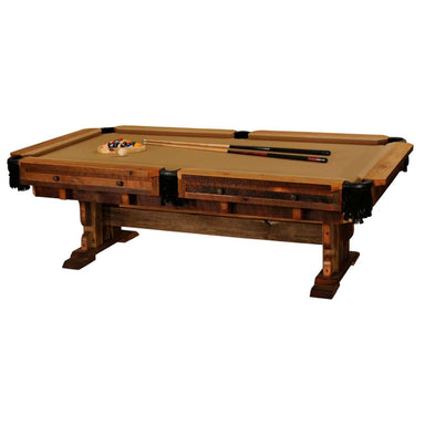 Fireside Lodge Pool Table features rustic reclaimed wood, a sturdy base, and tan felt with billiard accessories on top