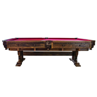 Fireside Lodge Pool Table has a bold reclaimed wood frame, deep red felt, and intricate carved details