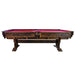 Fireside Lodge Pool Table has a bold reclaimed wood frame, deep red felt, and intricate carved details