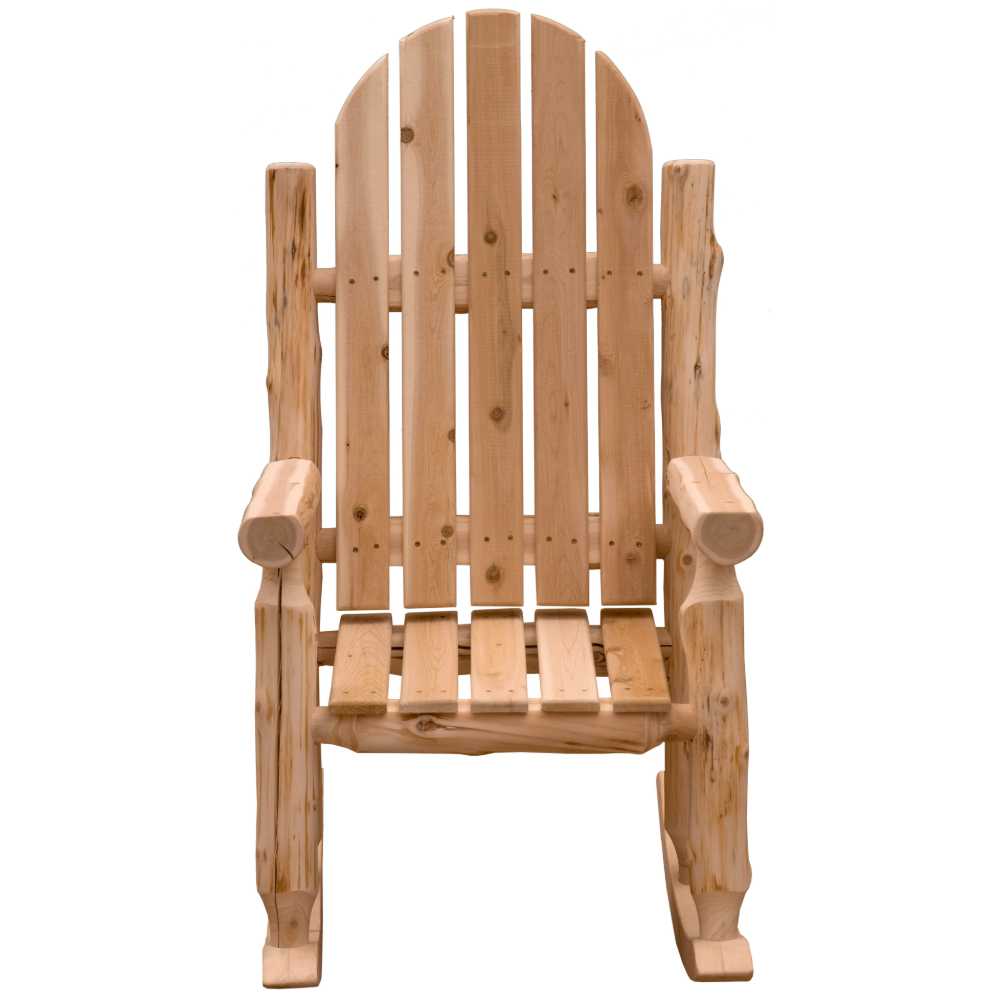 Fireside Lodge Voyageur Adirondack Rocking Chair, a rustic wooden rocking chair with a tall slatted back and natural log-style armrests