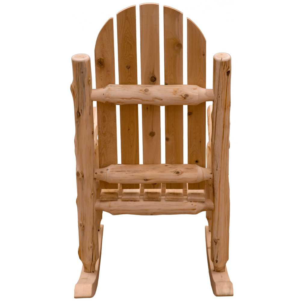 Fireside Lodge Voyageur Adirondack Rocking Chair from the back, showing its rustic wooden construction, curved back slats, and a reinforcing horizontal support bar