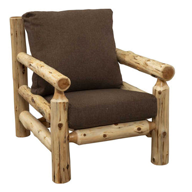 Fireside Lodge Voyageur Lounge Chair features a rustic log frame with a natural wood finish, paired with thick brown cushions