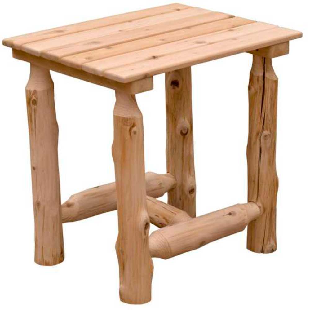 Fireside Lodge Voyageur Outdoor End Table features a solid log frame with crossbeam supports and a natural wood finish