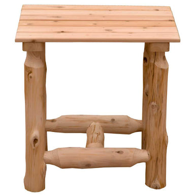 Fireside Lodge Voyageur Outdoor End Table is a rustic wooden table with a sturdy plank top and log legs