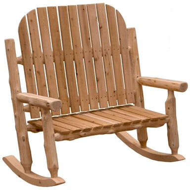 Fireside Lodge Voyageur Two-Person Adirondack Rocking Chair is depicted from the front with a spacious seat and sturdy wooden slats