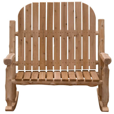 Fireside Lodge Voyageur Two-Person Adirondack Rocking Chair is seen straight-on, featuring a balanced design with a curved top and wide slats