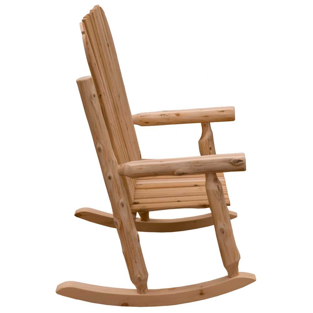 Fireside Lodge Voyageur Two-Person Adirondack Rocking Chair is shown in a side view with curved rockers and a rustic wooden design