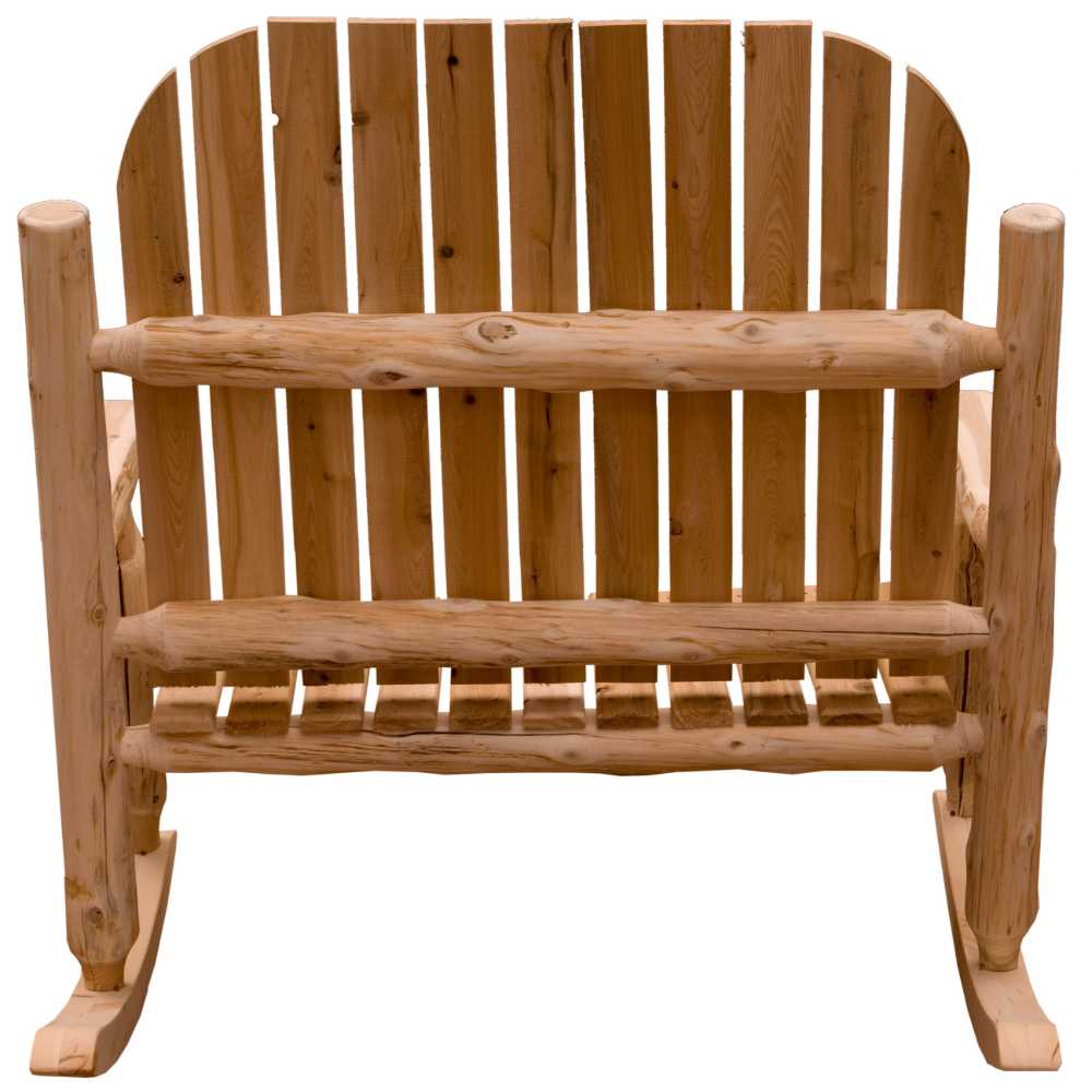 Fireside Lodge Voyageur Two-Person Adirondack Rocking Chair is viewed from the back, displaying a slatted backrest and robust frame